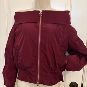 Rehab Off-Shoulder Maroon Bomber Jacket
